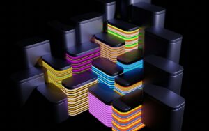 A computer generated image of a multicolored building