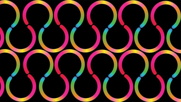 A vector illustration of a seamless pattern of interlocking pink, yellow, and blue curved shapes on black