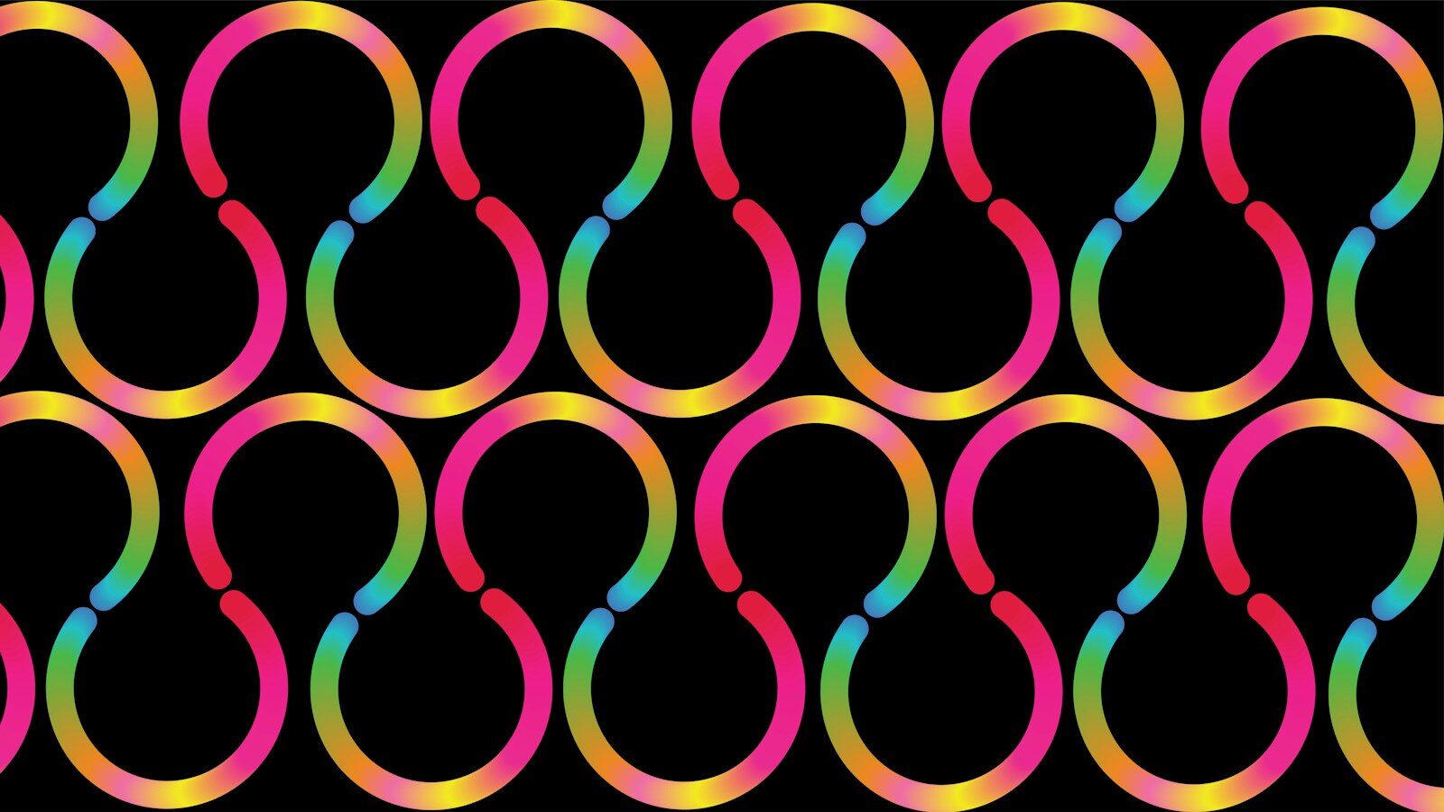 A vector illustration of a seamless pattern of interlocking pink, yellow, and blue curved shapes on black